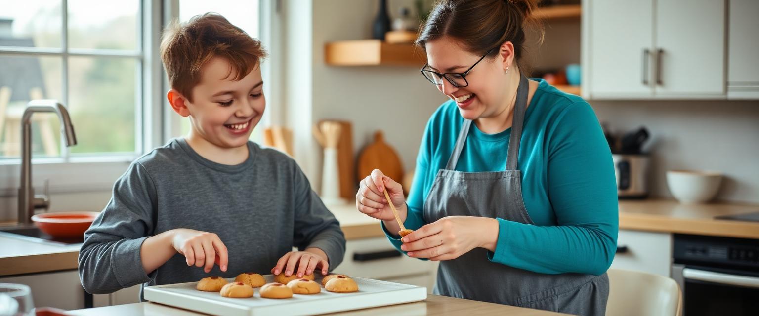 A young adult with Down syndrome and a DSP baking cookies together in a sunny kitchen