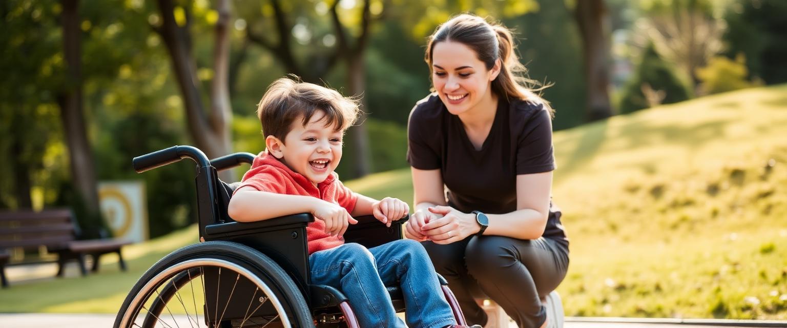 A child in a wheelchair and a DSP playing together at an inclusive park playground