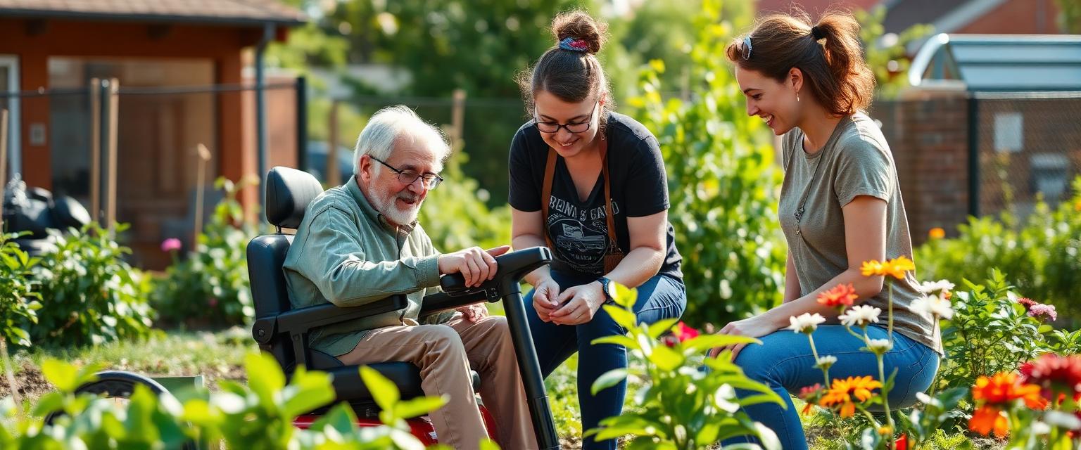 An adult using a motorized mobility scooter and a DSP gardening together in a community garden