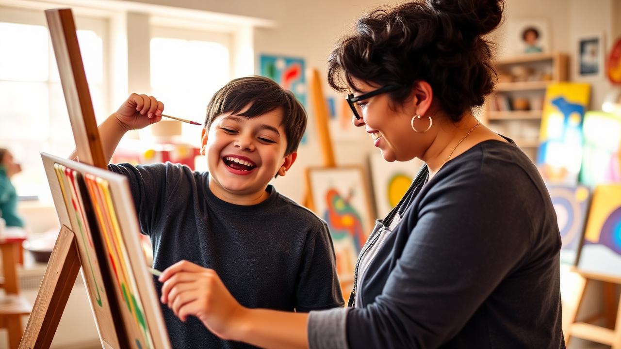 A young person with Down syndrome and their DSP laughing together while painting at an art easel