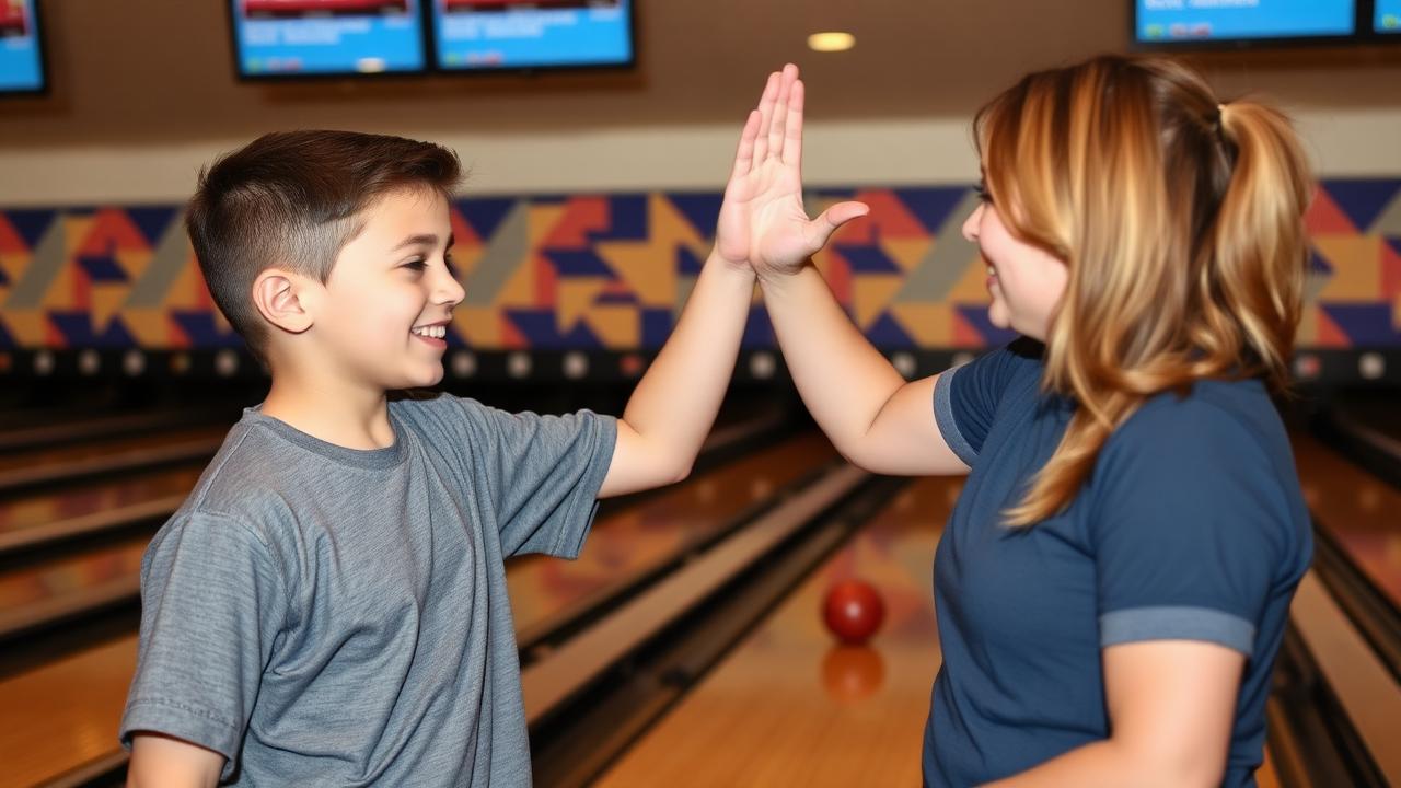 A teen with Down syndrome high-fiving his DSP after bowling a strike at a bowling alley