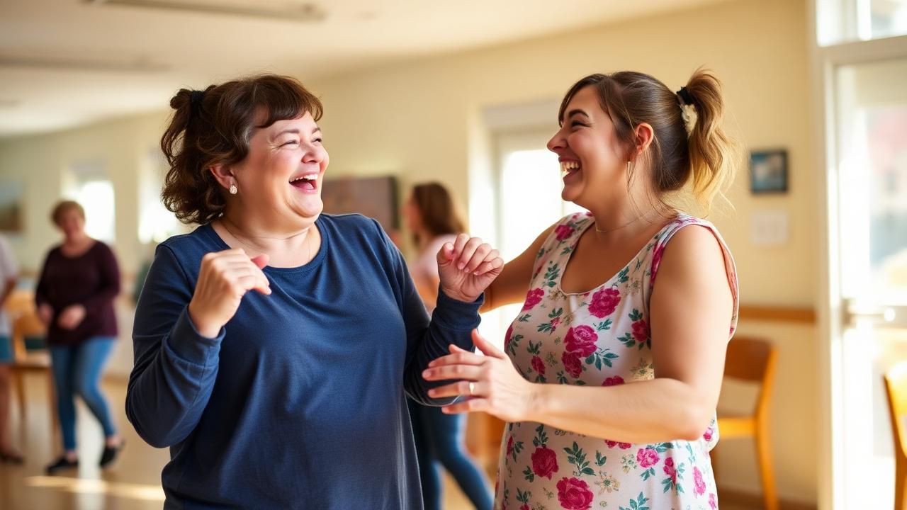 An adult woman with Down syndrome dancing and laughing with her DSP at a community center