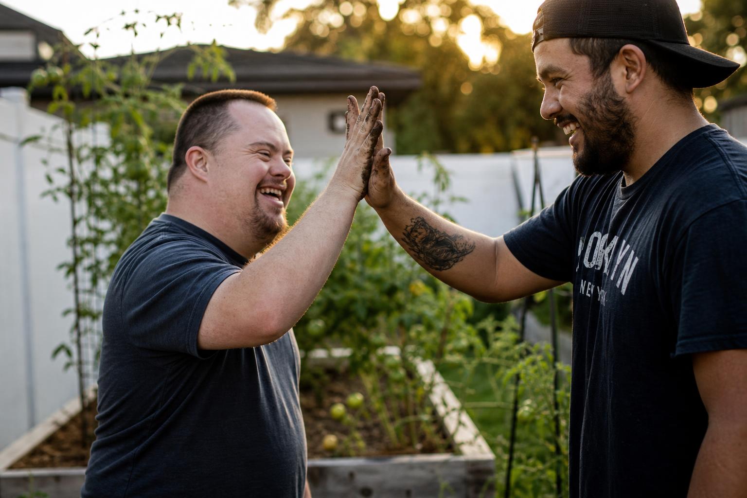 Young woman with Down syndrome high-fiving her DSP at the park